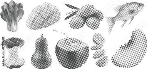 Halftone Retro Collage of Fruits, Vegetables, Seafood and Nuts in Vintage Pop Art Dot Pattern Style