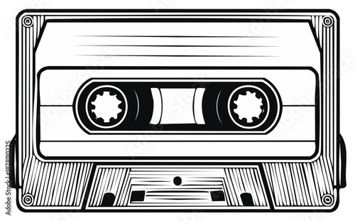 Audio Cassette Tape Illustration Black and White Vector Graphic