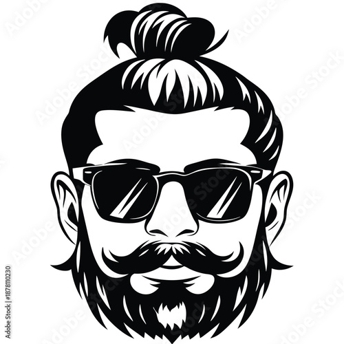 Bearded man silhouette with sunglasses and top knot hairstyle presents a bold style