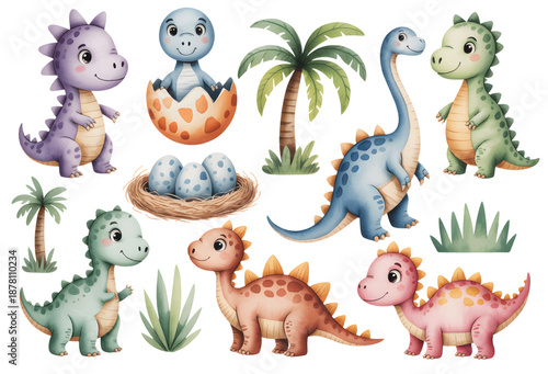 Cute dinosaurs with volcano scene. Soft watercolor baby dinosaurs in playful.