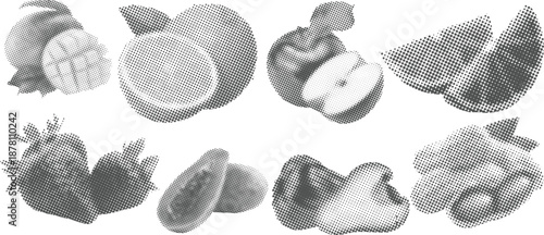 Halftone Vintage Collage of Exotic Fruits and Vegetables in Retro Pop Art Dot Pattern Style
