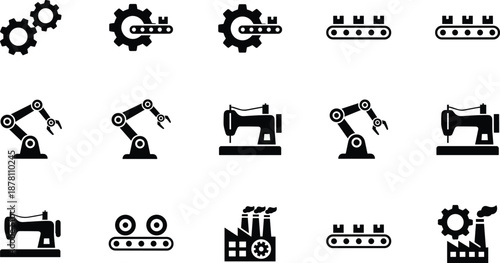 Industrial icon set, black vector illustrations of gears, robotic arms, conveyor belts, sewing machines, and factories