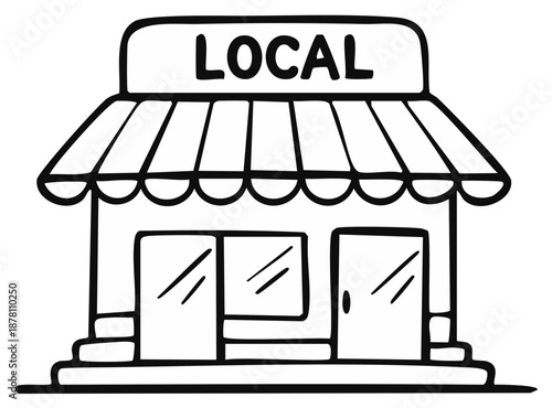 Black and white cartoon illustration of a small local shop or store with awning