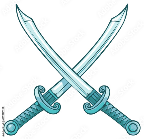 Cartoon illustration of two crossed fantasy sabers or pirate scimitars for combat