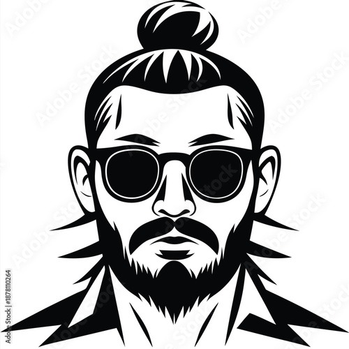 Bearded man sports a stylish bun and trendy sunglasses in a bold monochrome portrait
