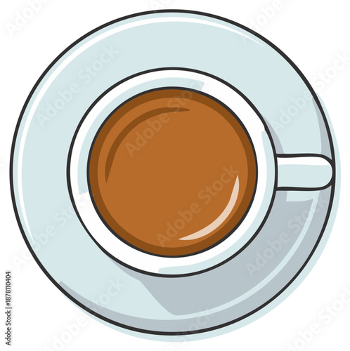 Top down doodle style drawing of a hot beverage in a light blue cup and saucer