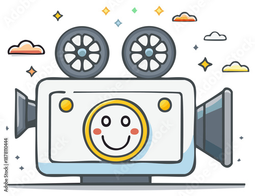Cute cartoon video camera with smiling face lens and classic film reels for creative content