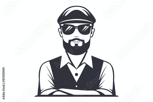 Bearded man wearing a cap and sunglasses stands confidently with his arms crossed