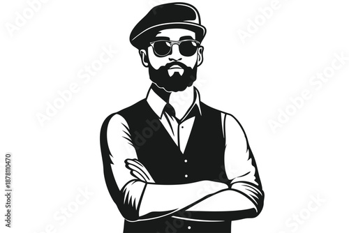 Bearded man wearing a cap and sunglasses stands with confidence, crossing his arms on a white backdrop