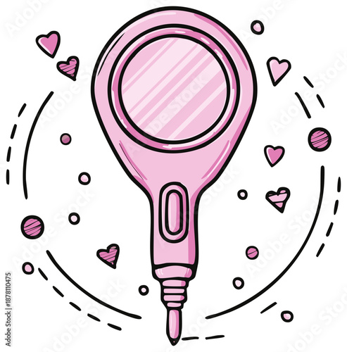 Pink pregnancy test with hearts and circles, cartoon style illustration, fertility and motherhood concept