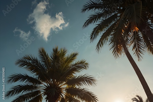 Copy space of tropical palm tree with sun light on sky background Generative Ai
