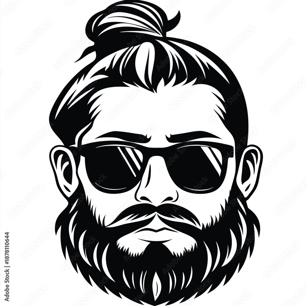 Obraz premium Bearded man wearing sunglasses poses with topknot hairstyle against a white background