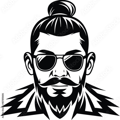 Bearded man wearing sunglasses and hair tied in a bun is stylish