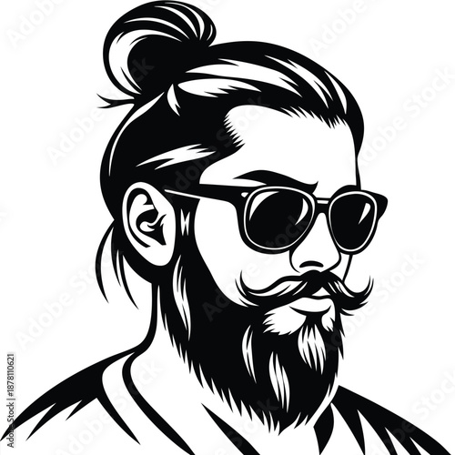 Bearded man wearing sunglasses and hair tied up with confidence is a black vector