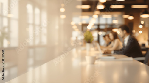Modern Office Workspace with Business Team in Soft Focus, Professional Corporate Interior, Collaboration, Productivity and Startup Environment Background for Branding, HR, Consulting and Company