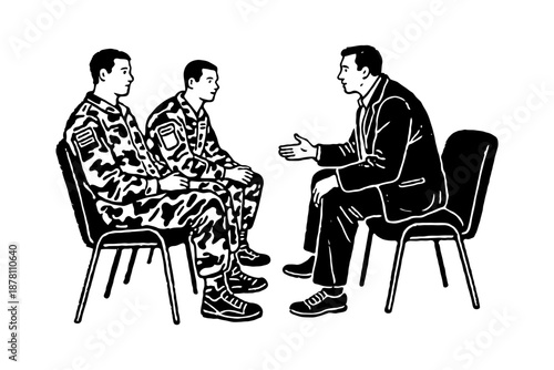 Two soldiers in uniform having a seated therapy session with a counselor, black and white sketch style, on white background, concept of support