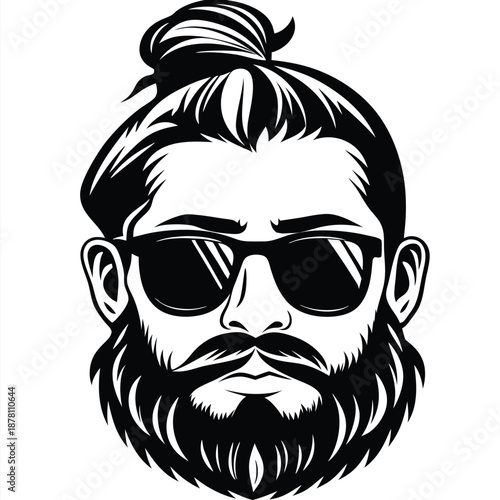 Bearded man wearing sunglasses poses with topknot hairstyle against a white background
