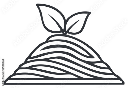 Stylized sprout growing from fertile soil mound icon with wavy lines and two leaves