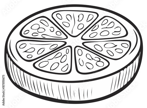Black and white illustration of a citrus fruit slice with seeds and segments