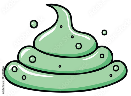 Cartoon green poop illustration with bubbles, funny graphic design