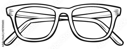 Hand drawn outline sketch of retro style eyeglasses with thick frames and clear lenses