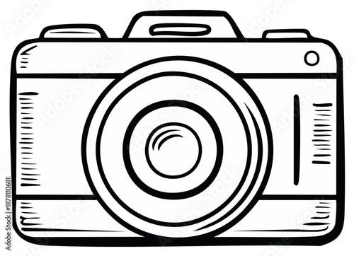 Black and white hand drawn camera illustration with lens and details