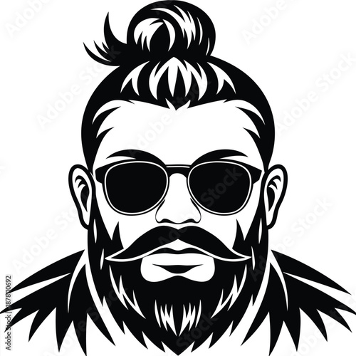 Bearded man wears sunglasses and sports a top knot in a black monotone art