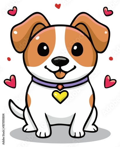 Adorable cartoon puppy with hearts, happy dog in collar and charm, pet love theme, illustration for kids, pet adoption concept