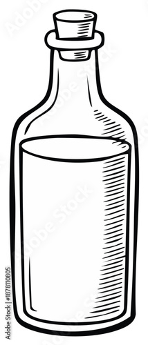 Hand drawn cartoon illustration of a glass bottle with a cork stopper and liquid