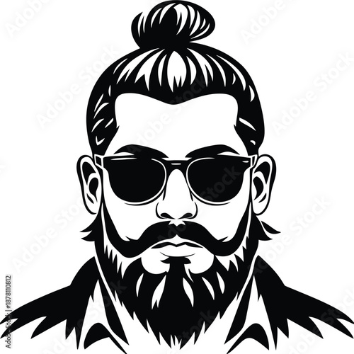 Bearded man with a topknot wears dark sunglasses in this bold graphic