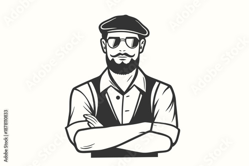 Bearded man with cap and glasses stands confidently with arms crossed on a white background