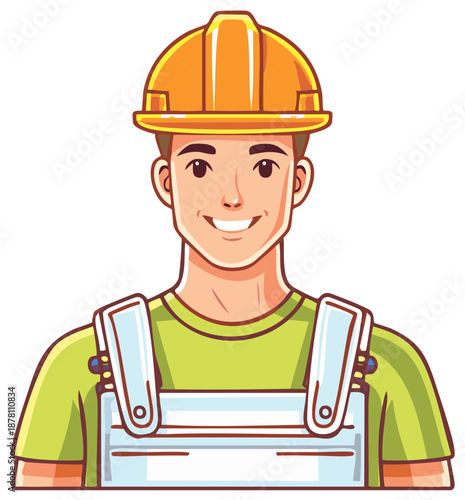 Young smiling construction worker in a hard hat and overalls illustration