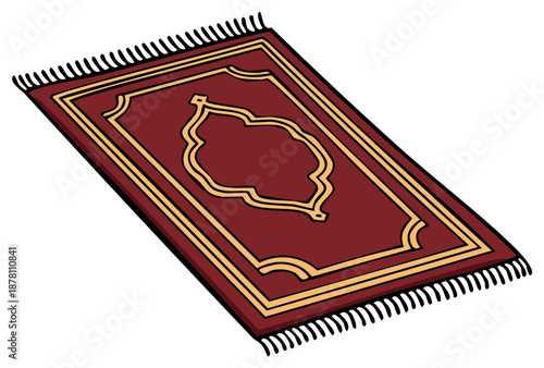 Beautiful red Islamic prayer rug with intricate golden patterns and fringes