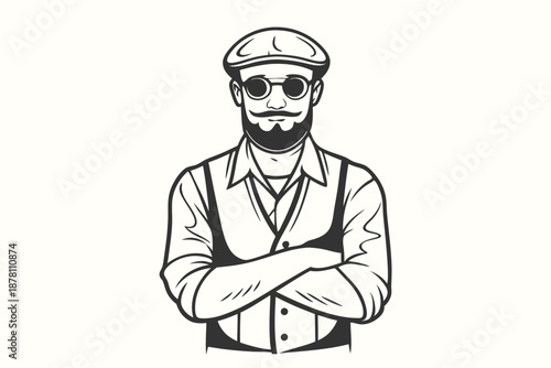 Bearded man with round sunglasses and cap stands confidently with crossed arms here
