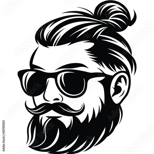 Bearded man with topknot hairstyle and sunglasses confidently rocks a trendy mustache in vector