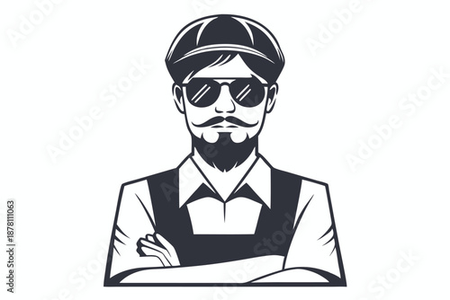 Bearded retro man wearing aviator sunglasses and a cap poses with crossed arms