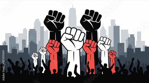 Raised fists symbolizing civil rights and human dignity, flat vector illustration of strength, unity, equality and justice, powerful social justice and collective humanity concept