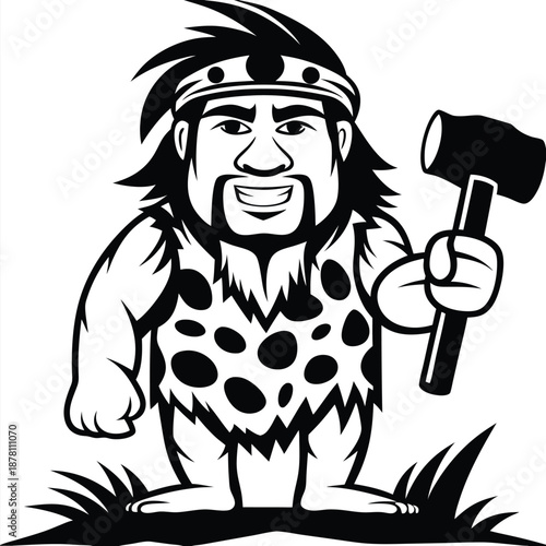 Black and white cartoon of a caveman holding a hammer and smiling confidently