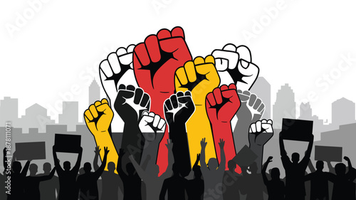 Raised fists symbolizing civil rights and human dignity, flat vector illustration of strength, unity, equality and justice, powerful social justice and collective humanity concept