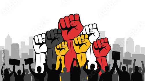 Raised fists symbolizing civil rights and human dignity, flat vector illustration of strength, unity, equality and justice, powerful social justice and collective humanity concept