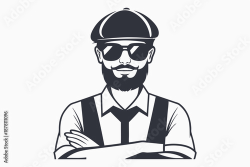 Bearded man in sunglasses and cap stands with crossed arms in monochrome
