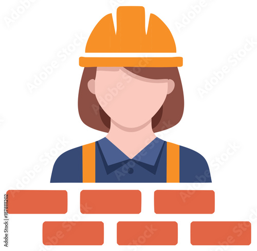 Female construction worker with hard hat and overalls in front of brick wall