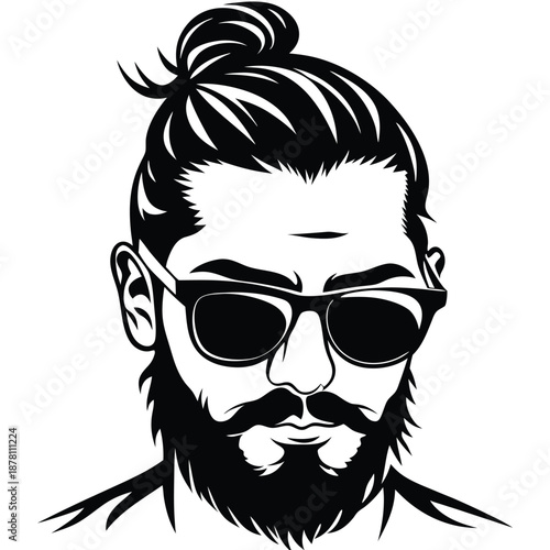 Black and white reveals a bearded man with hair in a bun and sunglasses