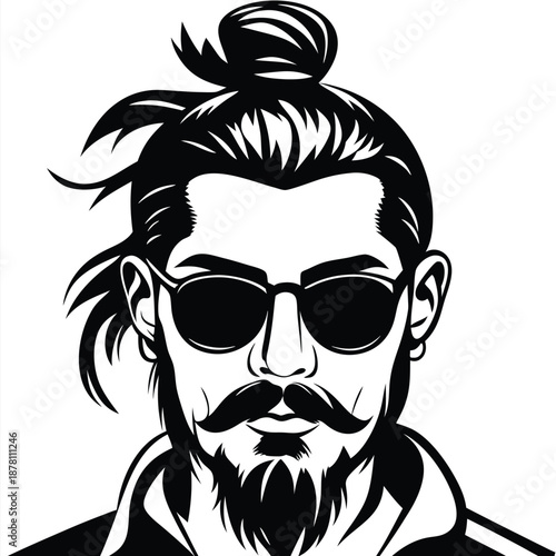 Black and white silhouette shows a bearded man with sunglasses and a hair bun
