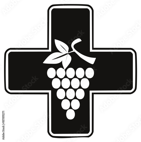 Black cross symbol with grapes on top for wine or medical services logos or signs, health plus grape symbol, stylized sign