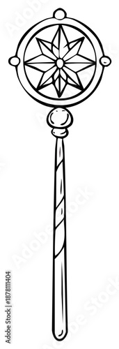 Magical Staff with Star Emblem, Black and White, Isolated Illustration
