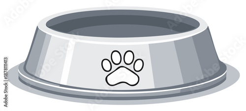 Shiny gray pet food bowl with a black paw print symbol, isolated illustration for animal care.