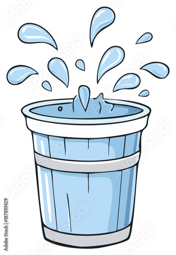 Cartoon illustration of a bucket with splashing water in a vector style