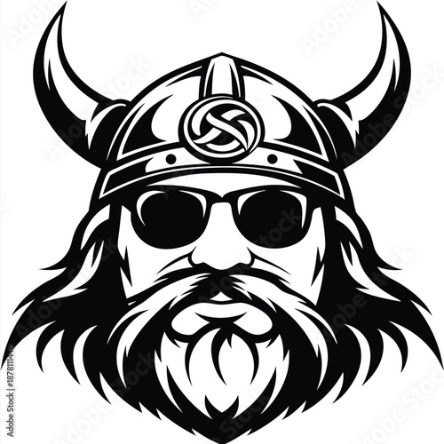 Black and white Viking with beard wears a horned helmet and sunglasses proudly