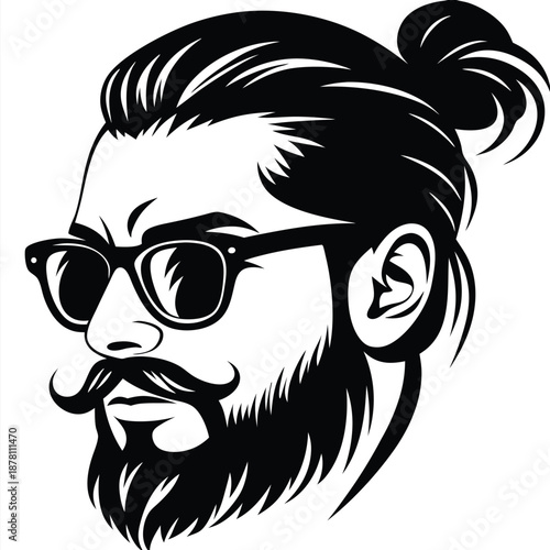 Black outline showcases a bearded man wearing sunglasses with a stylish topknot hairstyle